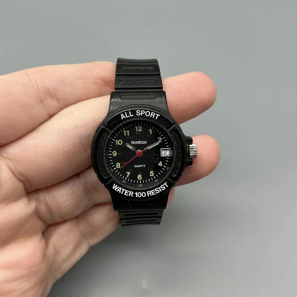 Vtg Armitron All Sport Mens Watch 28mm Black Dial Rubber Date New Battery